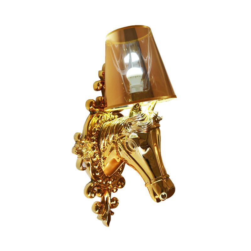 One Bulb Fabric Wall Lighting Traditional Gold/Silver Cone Corridor Sconce Light Fixture with Horse Head Backplate