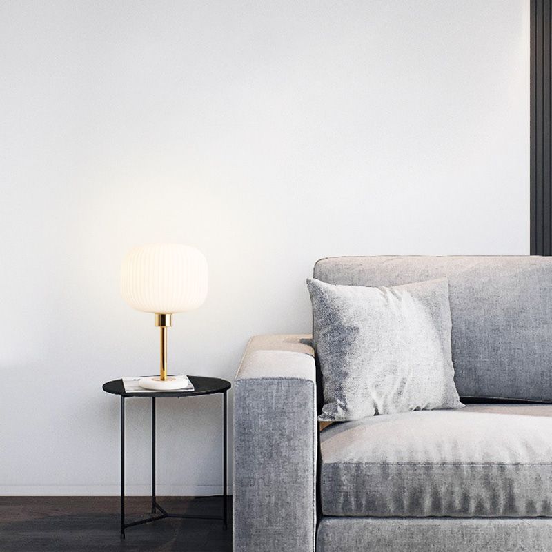 White Ribbed Glass Drum Shade Night Lamp Minimalist 1 Bulb Gold Table Light with Marble Base