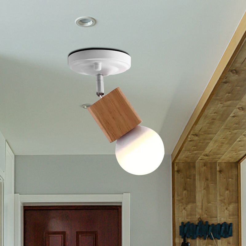 Metal Bare Bulb Semi Flush Ceiling Light Modern 1 Light White Finish Flushmount with Wood Top