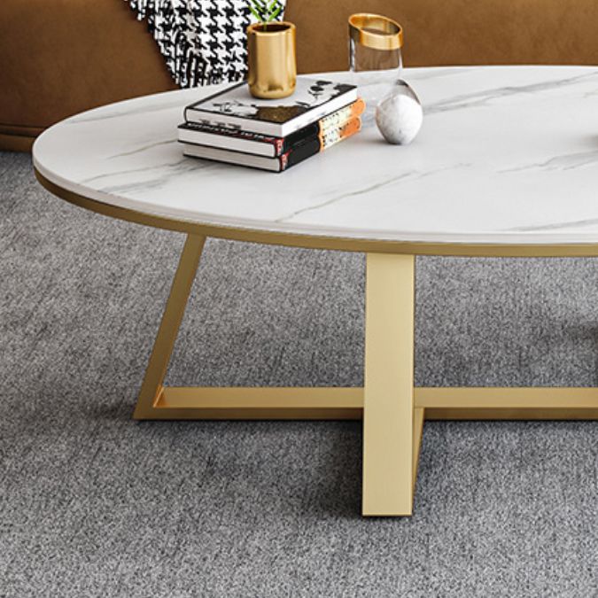 White Oval Stone Top Coffee Table with Iron Cross Base Cocktail Table