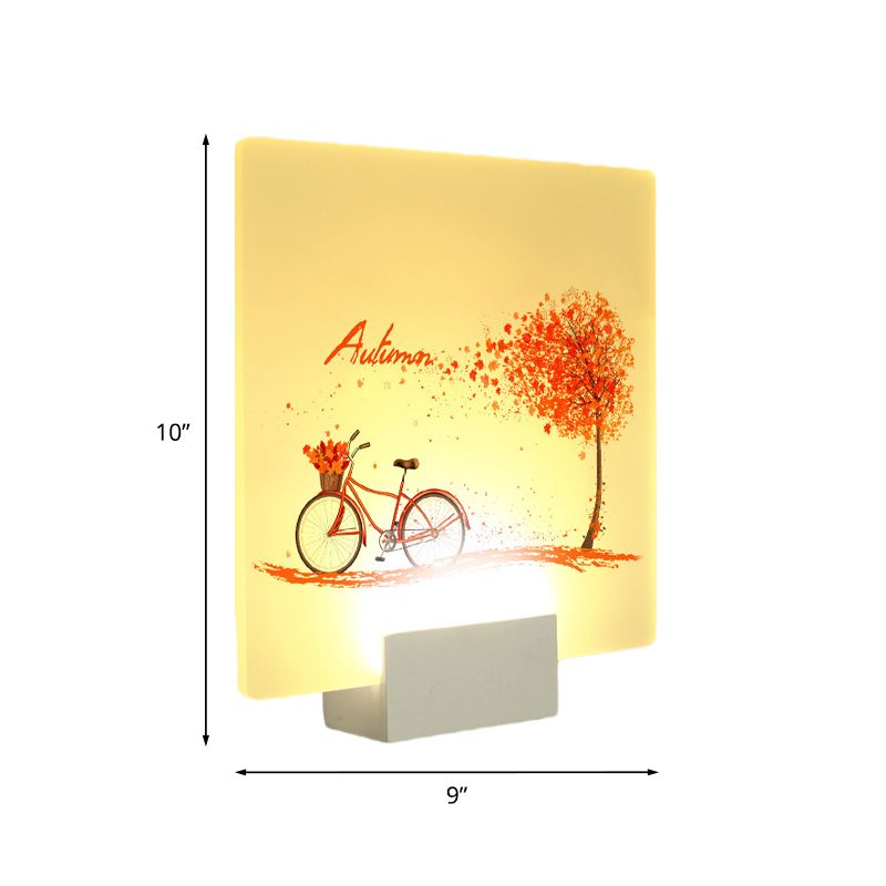 Square Autumn Tree and Bicycle Mural Lamp Chinese Acrylic LED White Wall Mounted Lighting
