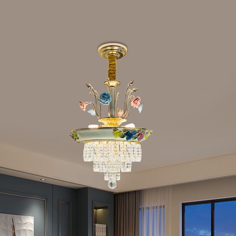 14 "/17" W Antiqued Letters Kroonluchter 2-licht gesneden kristaldruppel lamp met handgemaakte rozentrim in blauw/beige