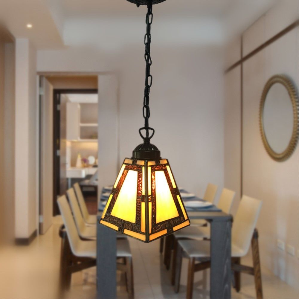 Mission Style Geometric Pendant Lights 1 Light Stained Glass Bedroom Hanging Pendant Lights in Yellow