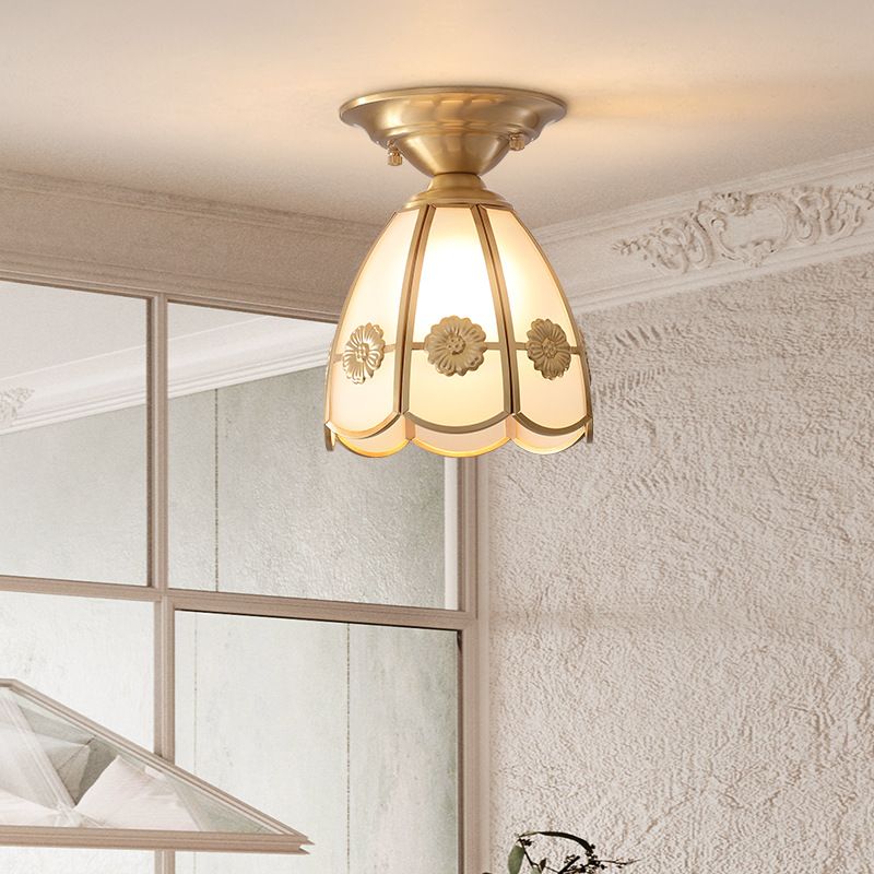 Colonial Style Ceiling Light Glass Shade Metal Semi Flush Mount Light for Living Room