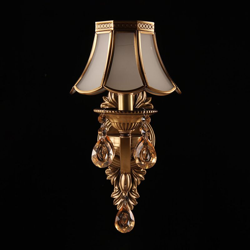 Antique Scalloped Shade Wall Lamp 1-Head Opaque Glass Wall Lighting in Brass with Crystal Accents