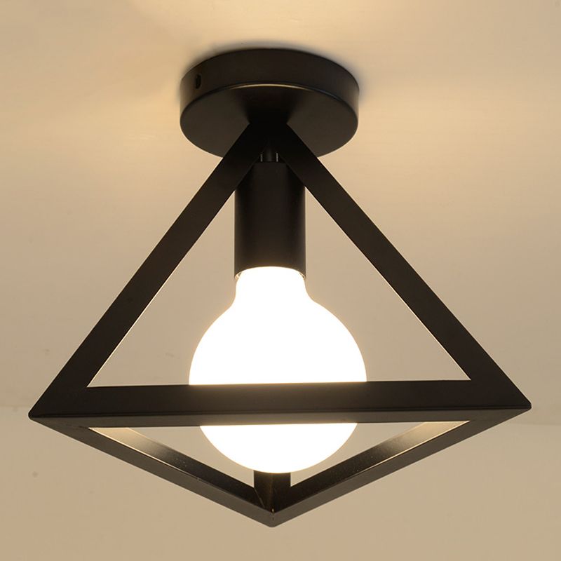 Industrial Flush Light Fixtures Geometric Iron 1 Light Flush Mount Lamps in Black