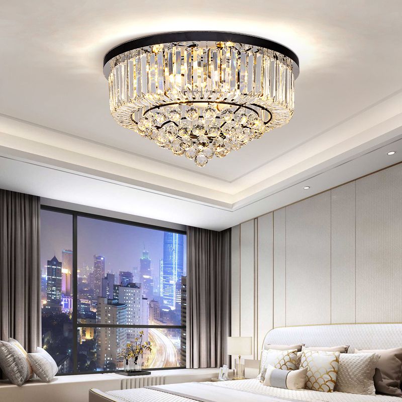 Minimalist Cone Shape Flush Light Clear Cut Crystal Bedroom Ceiling Mount Light in Black