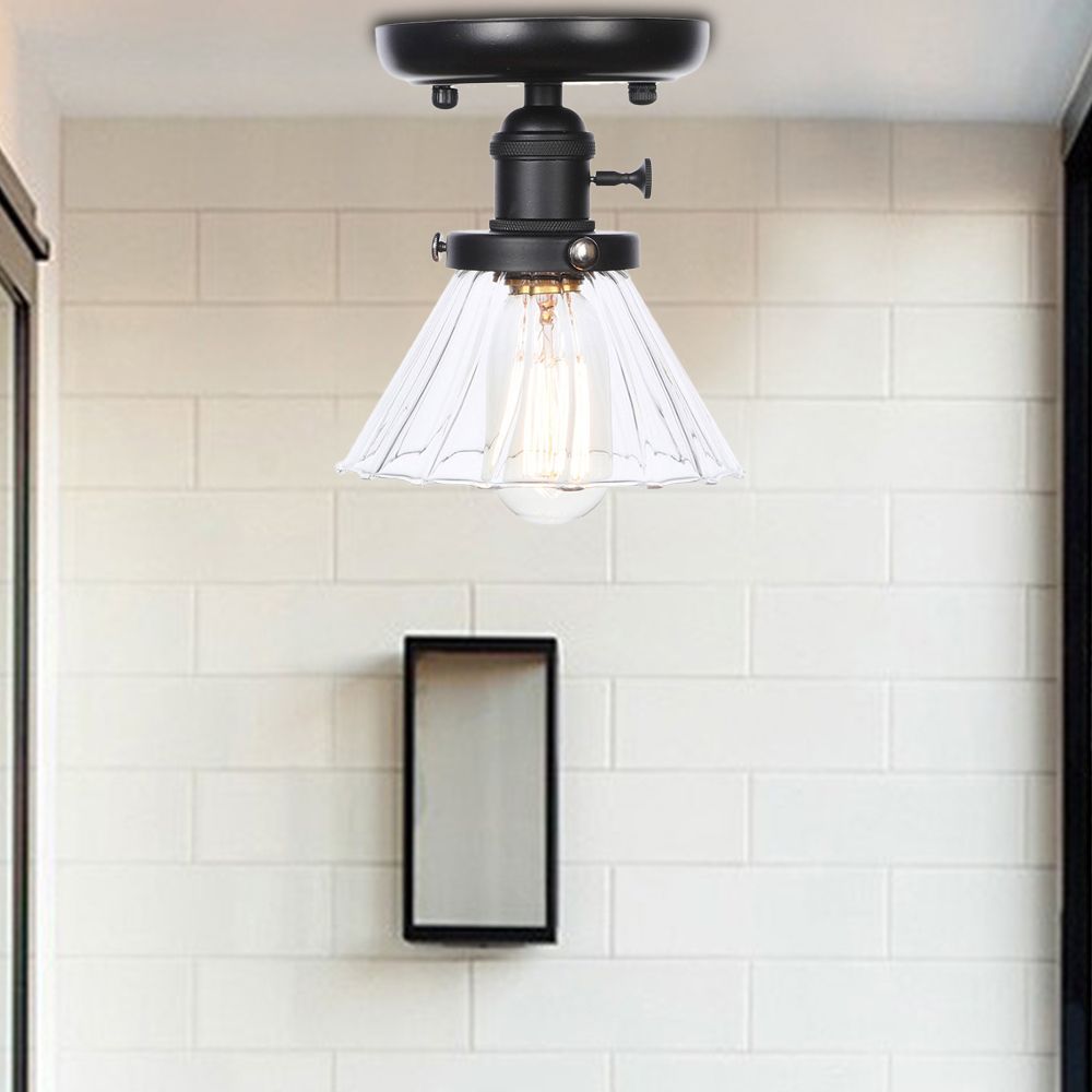 1 Bulb Semi Flush Mount Clear/Amber Glass Industrial Cone/Rhombus/Bell Ceiling Light for Kitchen
