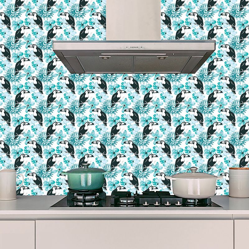 Hand Script Self Adhesive Wallpapers Rustic Cool Bird and Flower Wall Decor in Blue, 9.7-sq ft (10 Pcs)