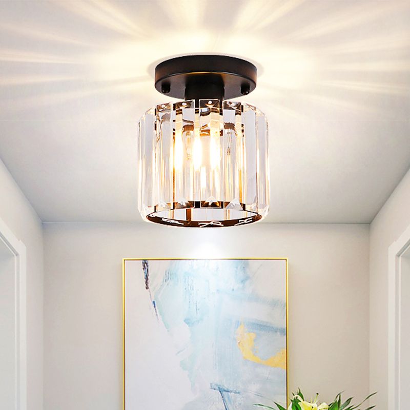 Clear Glass Cylinder Flush Light Fixture Modernist 1-Light Flush Mount Ceiling Lamp in Black for Corridor