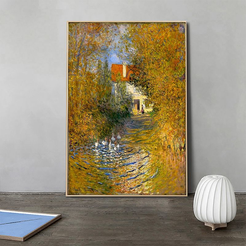 Geese in the Creek Art Print Textured Rustic House Interior Canvas in Yellow-Orange