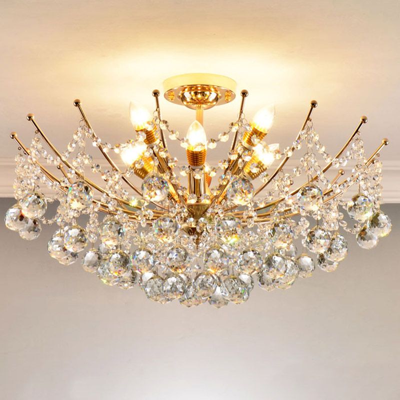 Plafonnier Cascade Boule de Cristal Postmoderne 4 Lumières Chrome/Clair/Cognac Semi-Encastré