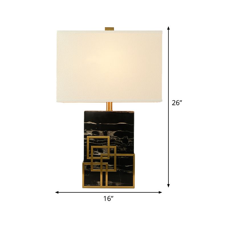 Fabric Shaded Table Lamp Modern 1 Bulb White Desk Light with Black Rectangle Marble Base