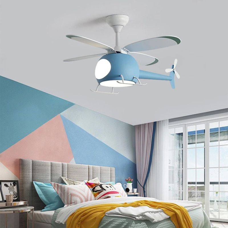 Wooden LED Fan Pendant in Kids Creative Style Iron Airplane Hanging Lamp with Acrylic Shade