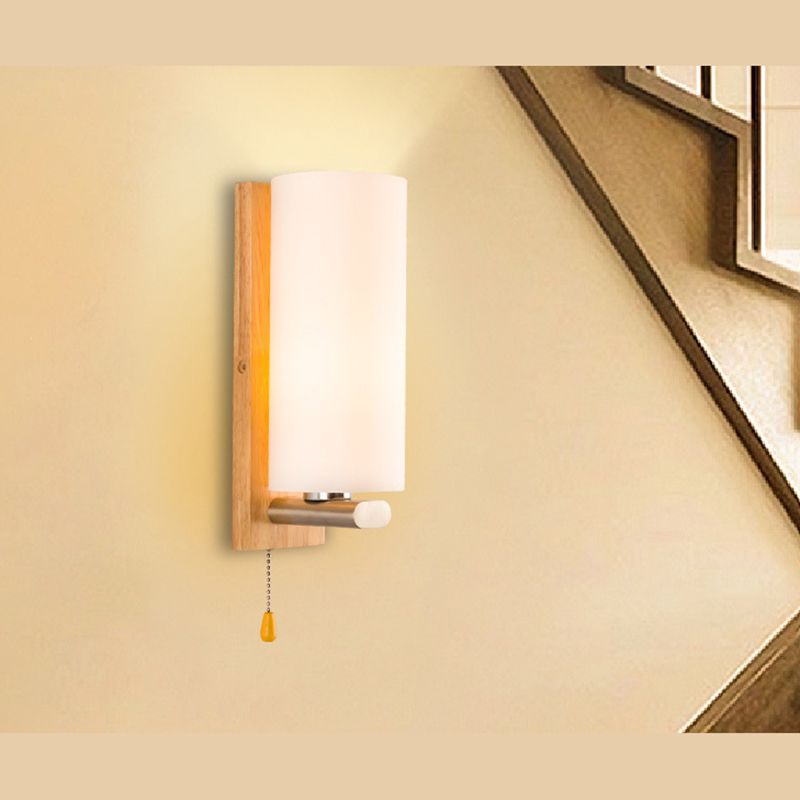 Nordic Style Wooden Wall Lamp White Cylindrical Shade Simplicity Lighting Fixture with Hand Pull Switch