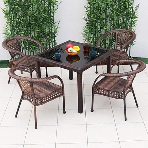 Tropical Brown Armed Chairs with Faux Rattan Open Back in Metel