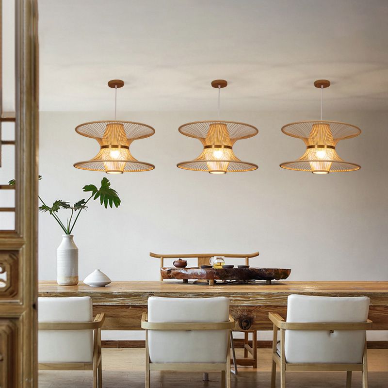 Lotus-Like Bamboo Ceiling Light Asian Style 1 Bulb Wood Hanging Light for Restaurant