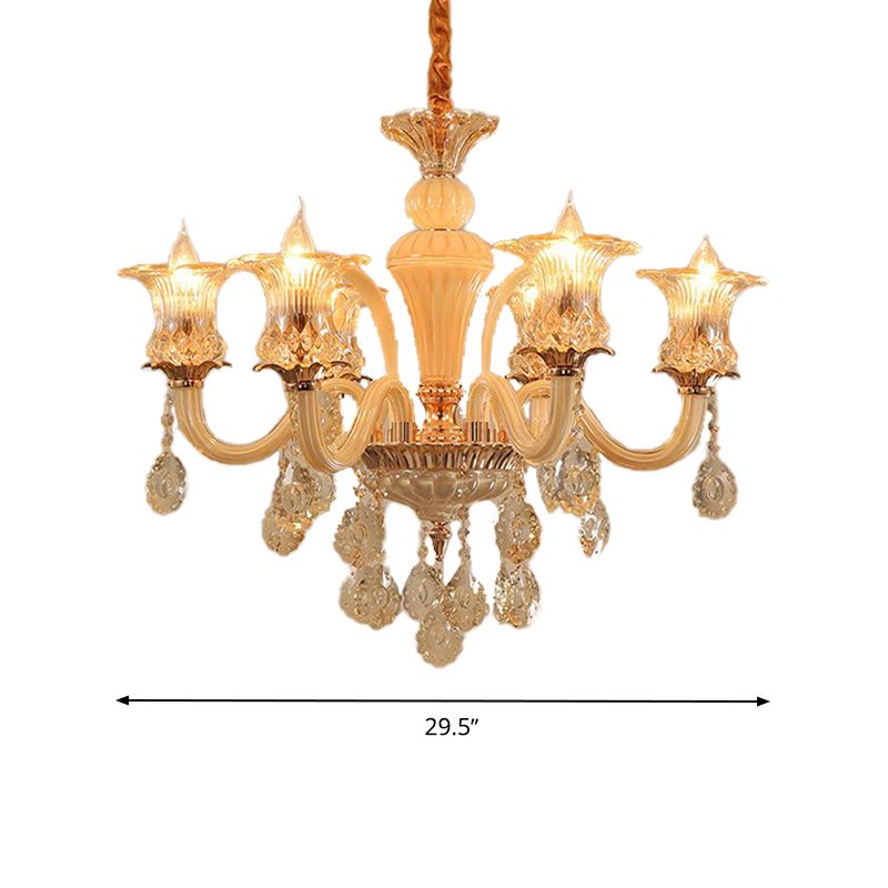 Gold Flower Chandelier Pendant Light Traditional 6/10 Heads Clear K9 Crystal Hanging Lamp for Living Room, 29.5"/35.5" W