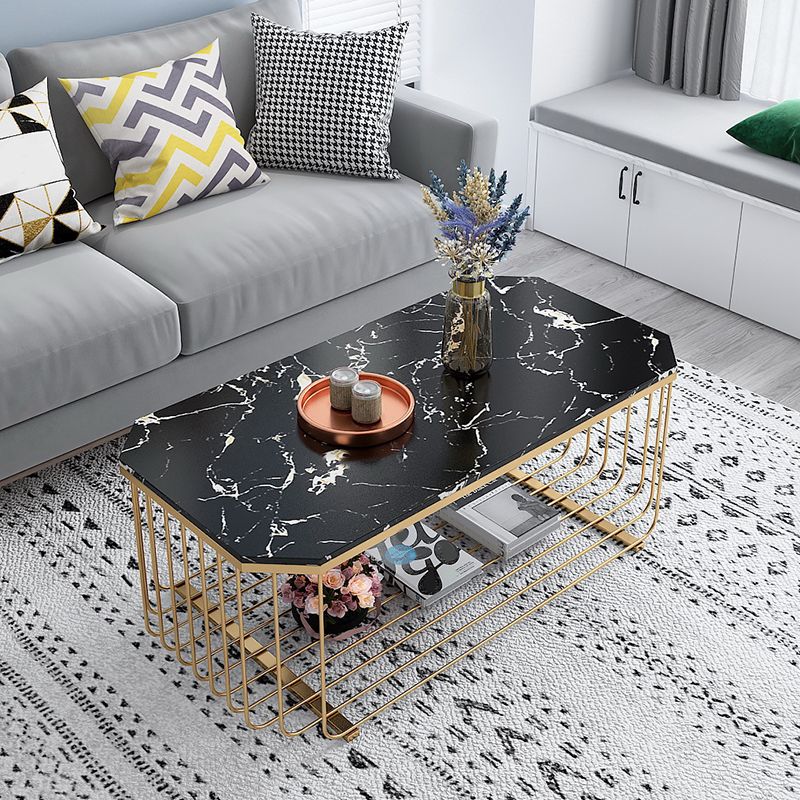 Contemporary Glass & Marble Coffee Table Octagon 1 Single Cocktail Table with Shelf