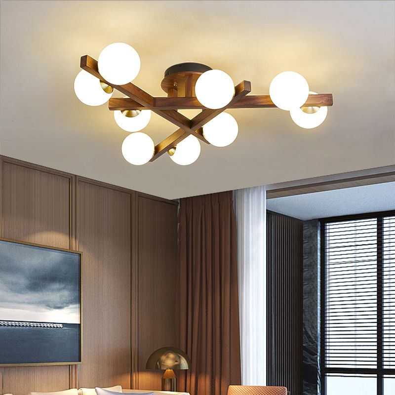 Log Color Sputnik LED Semi Flush Mount in Modern Luxury Style Wooden Ceiling Light with Opal Glass Shade