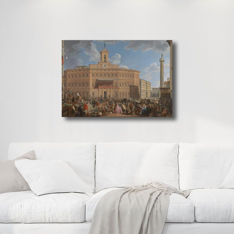 Textured Yellow Wall Art Vintage the Lottery in Piazza Di Montecitorio Painting Canvas Print