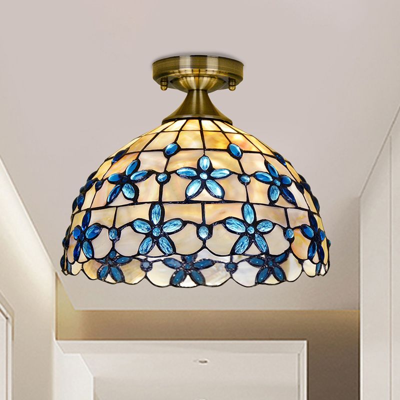 Dôme en laiton près du plafonnier Tiffany 5"/8"/12" de large, éclairage encastré à 1 tête avec bijoux floraux bleus