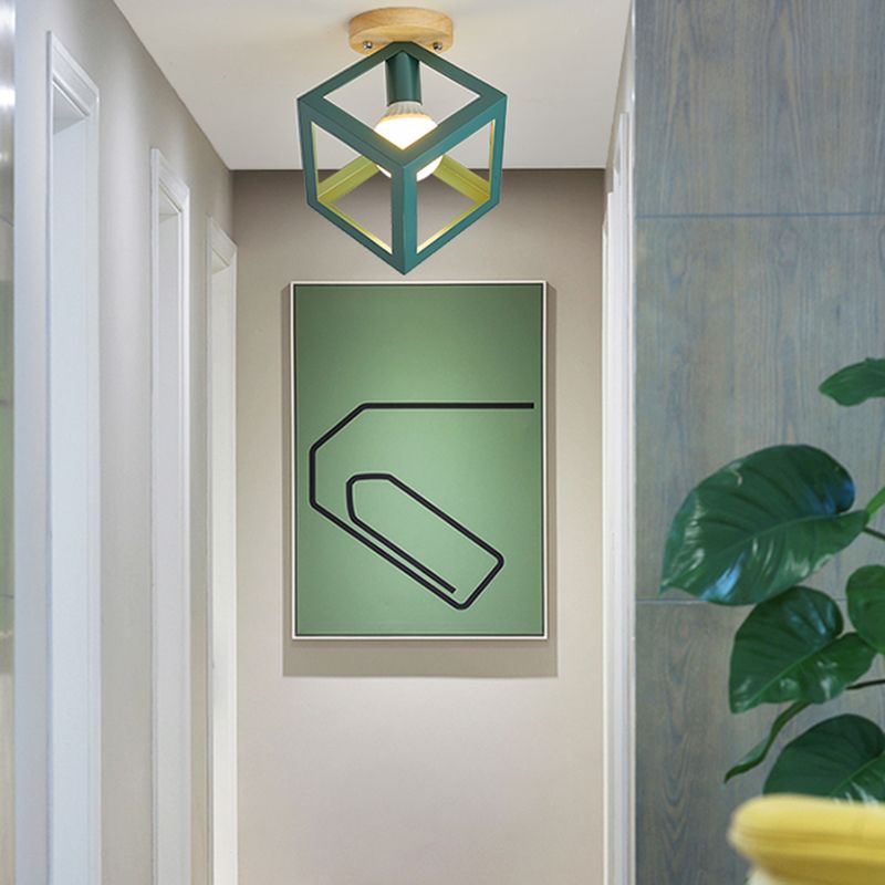 Nordic Flush Mount Geometric Ceiling Light Fixture with Wood and Metal for Hallway