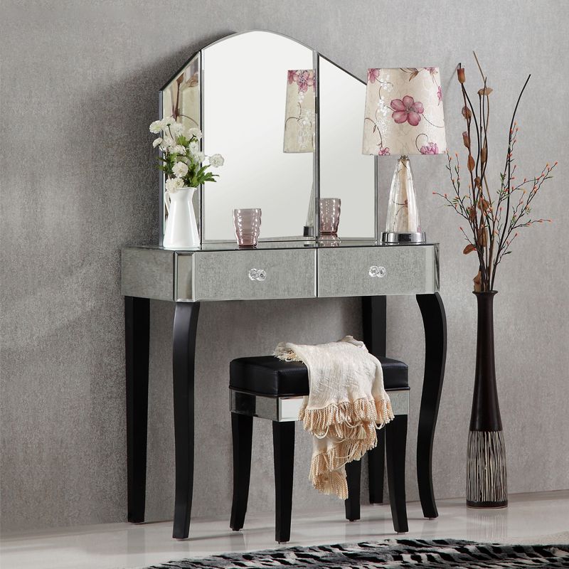 Tri-Folding Mirror Vanity Table Set 31.5" Wide 2-drawer Mirrored Vanity Desk