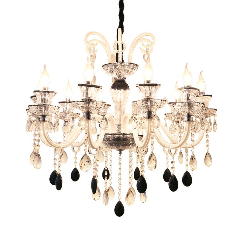 Vintage Candlestick Chandelier Lighting 10 Lights Clear and Black Crystal Pendant with Swooping Glass Arm