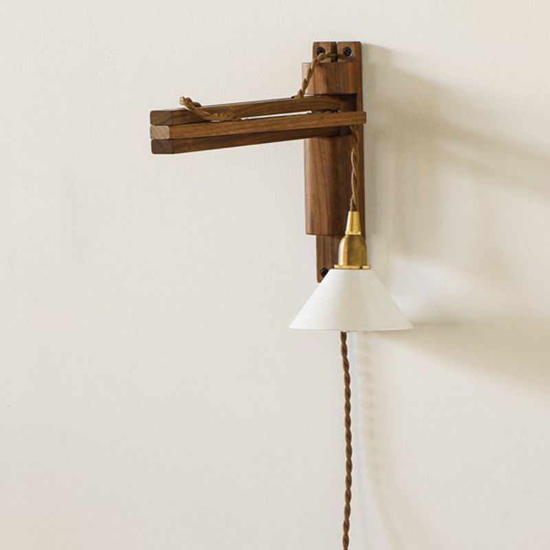 Retro Style Wood Wall Light Metal Shade Fold Wall Sconce for Living Room