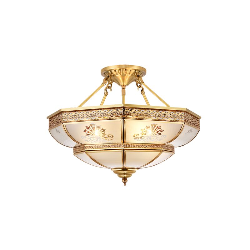 Ivory Glass Brass Ceiling Flush Bowl 4 Heads Colonialist Semi Mount Lighting for Living Room