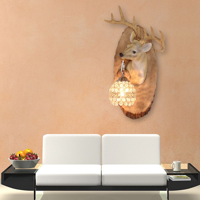 1 Light Resin Wall Lamp Rustic Black/Gold/Tan Orb Shade Indoor Sconce Light Fixture with Elk, Right/Left