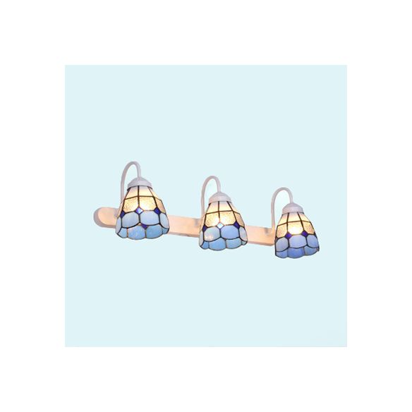 White 3 Heads Wall Light Fixture Tiffany Yellow/Blue Glass Grid Patterned Vanity Lighting