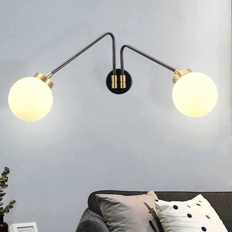 Angled Arm Bedside Wall Mount Light Hand Blown Milk Glass 2 Bulbs Minimalism Sconce Ideas in Black