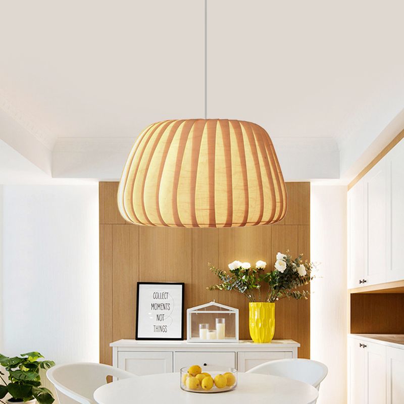 1-Light Office Pendulum Light Modern Beige Pendant Lighting Fixture with Pumpkin Wood Shade