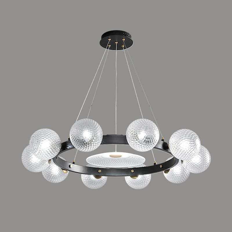 Designer Ball Shaped Pendant Chandelier Clear Lattice Glass Restaurant Hanging Light in Black
