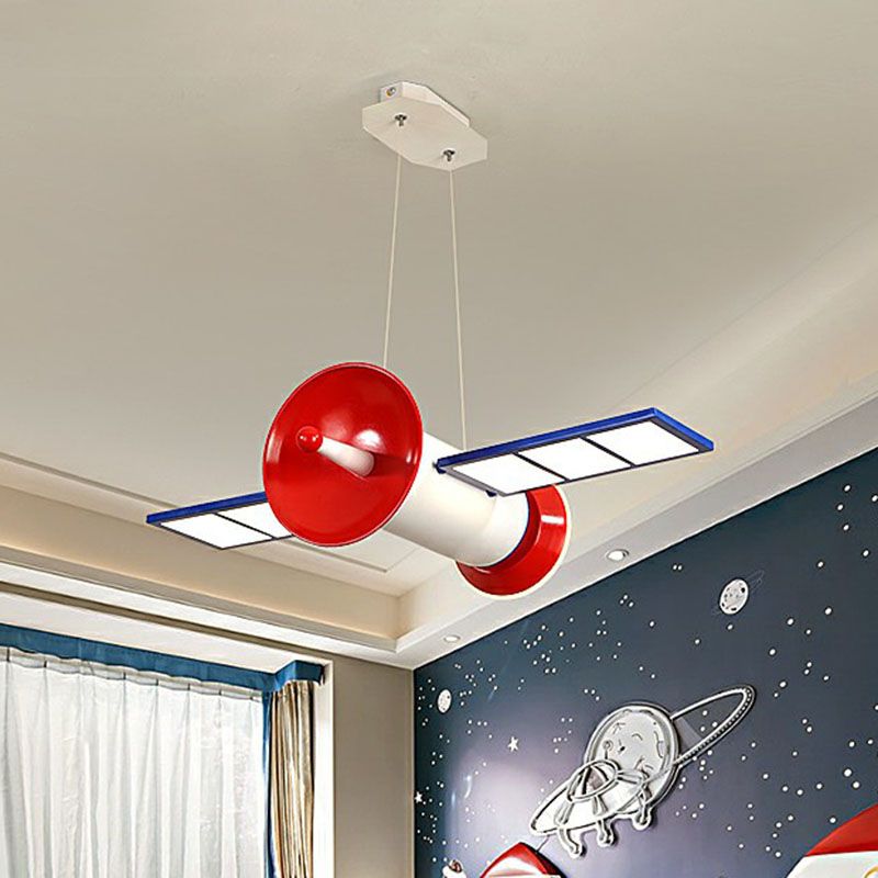 Space Satellite LED Ceiling Lighting Childrens Acrylic Bedroom Chandelier Light Fixture in Red