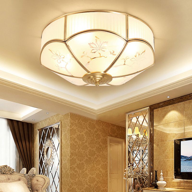 Gold Bowl Ceiling Light in Colonical Luxury Style Copper Flush Mount with Printing Glass Shade