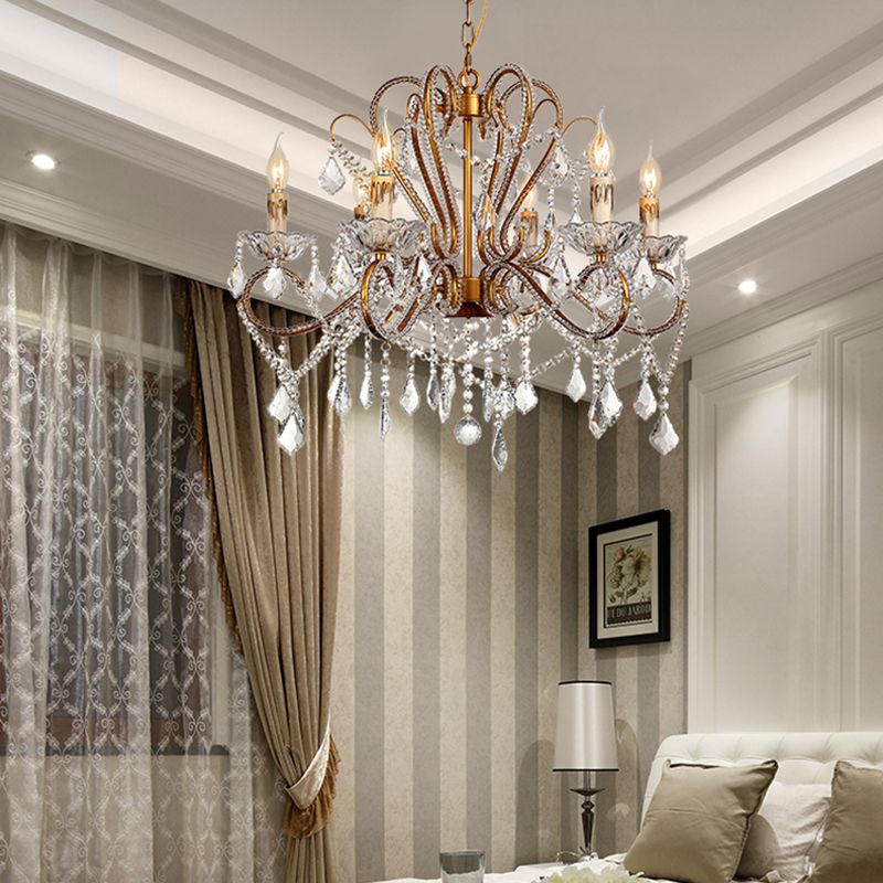 6/8 Lights Curving Chandelier Lighting Rural Style Brass Crystal Hanging Ceiling Light for Living Room