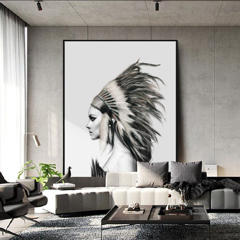 Toile de fille avec chapeau de plumes de couleur pastel, décoration murale texturée contemporaine pour le salon