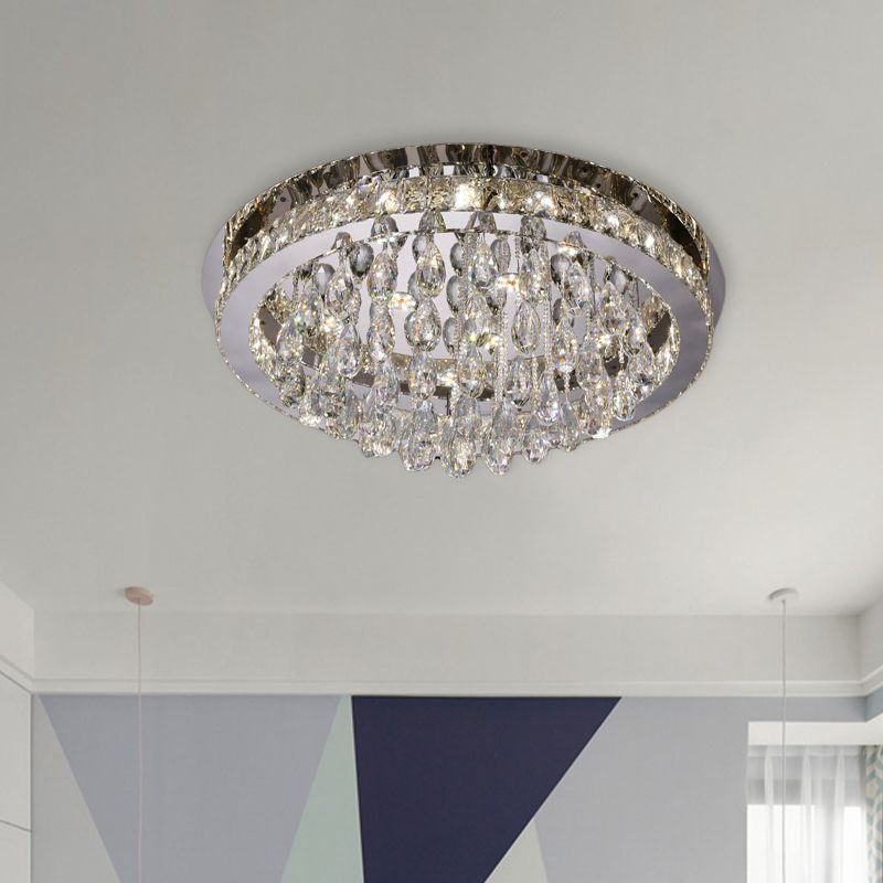 Nickel LED Ceiling Flush Light Modernist Beveled Cut Crystal-Encrusted Circular Flushmount with Crystal Drops