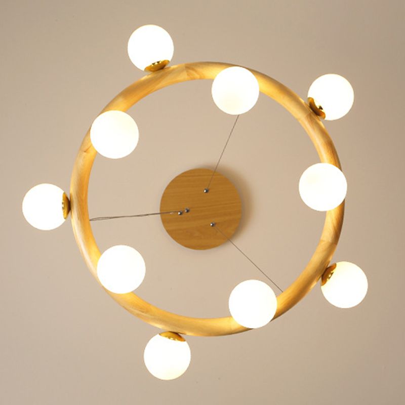 Modern Minimalist Round Chandelier Light Fixture Natural Wood Living Room Ceiling Chandelier