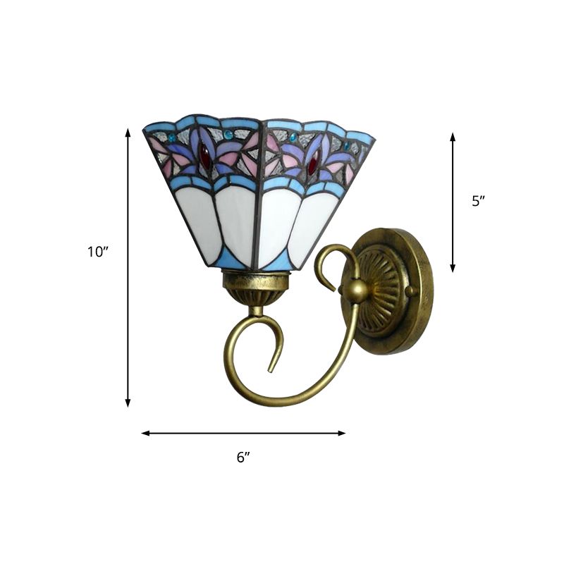 1 Head Wall Light Fixture Tiffany Cone Purple-Blue Glass Sconce Light Fixture with Scrolling Arm