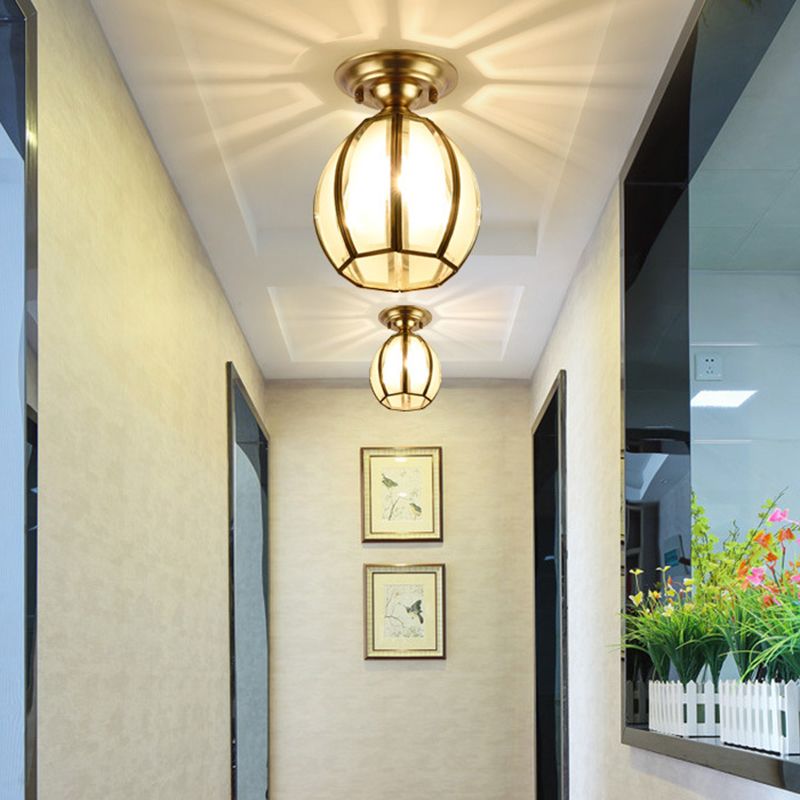 Brass Cup Semi Flush Mount Lamp Traditionary Frosted Glass 1 Bulb Ceiling Mounted Light for Living Room