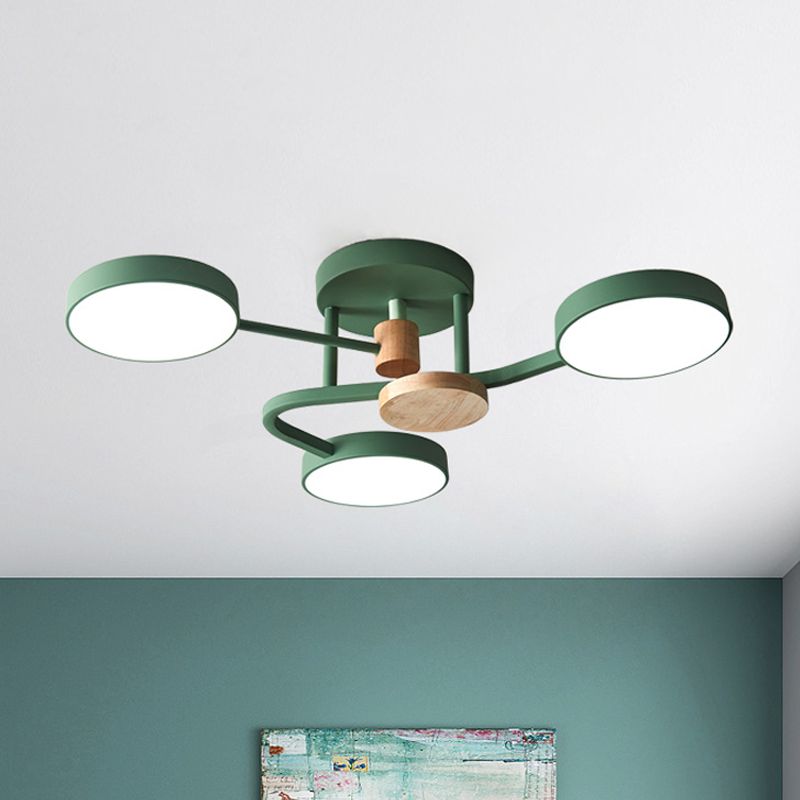 Round Semi Flushmount Lighting Macaron Metallic LED Bedroom Flush Mount Lamp Fixture in Grey/White/Green with Curved Arm
