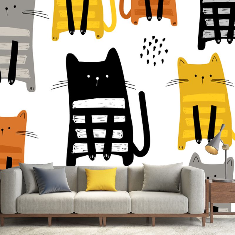 Kids Kitty Wall Paper Mural White Moisture Resistant Wall Art for Nursery, Custom Size