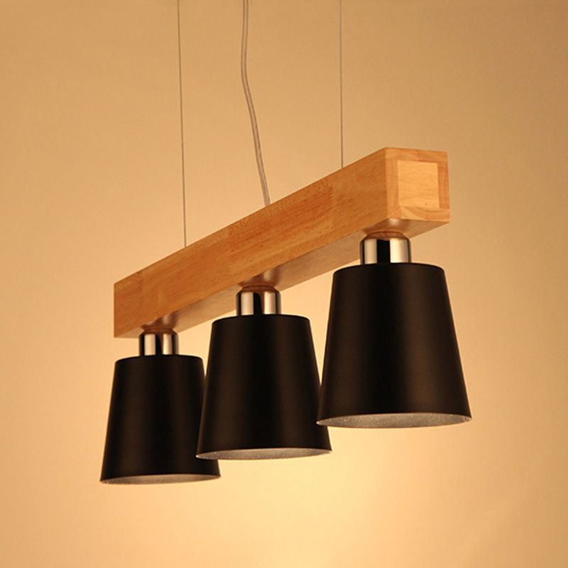 Nordic Minimalist Metal Cone Shades Hanging Light Linear Wood Restaurant Island Light in Black