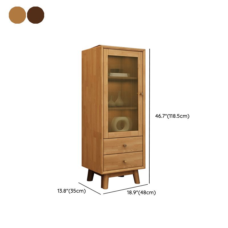 Mid Century Solid Wood 1-Door Cabinet Glass Paned Side Cabinet with 2-Drawer