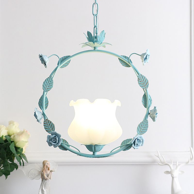 Pastoral Bud Ceiling Light Single-Bulb Cream Glass Hanging Pendant Light with Floral Hoop