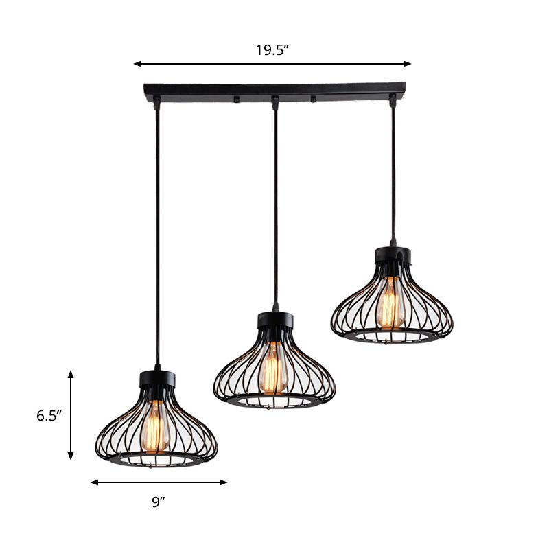Ciotola a sospensione a sospensione con soffitto in metallo con gamba a gabbia agricola a 3 luci ristorante lampada appesa in nero
